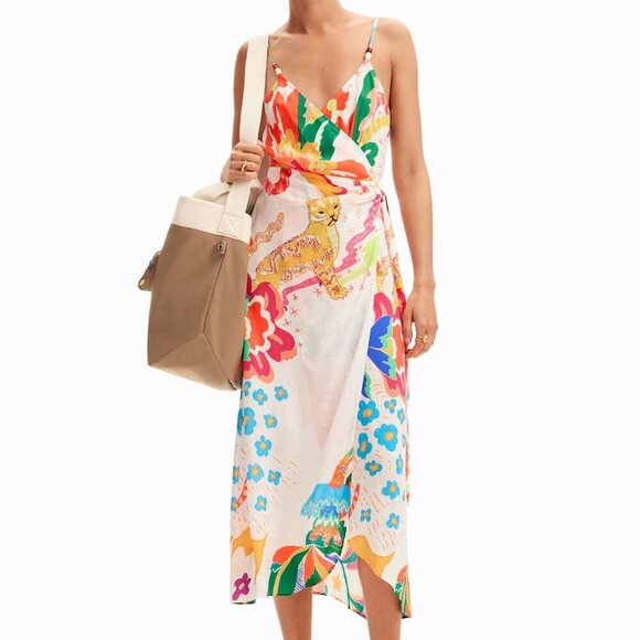 NEW DESIGUAL womens JUNGLE DESIGN WRAP MIDI DRESS Size S - Picture 2 of 8